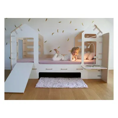 Myminihome Detská domčeková posteľ so šmykľavkou a lampičkou Zvoľte farbu: Sivá - Nelakovaná, Zv