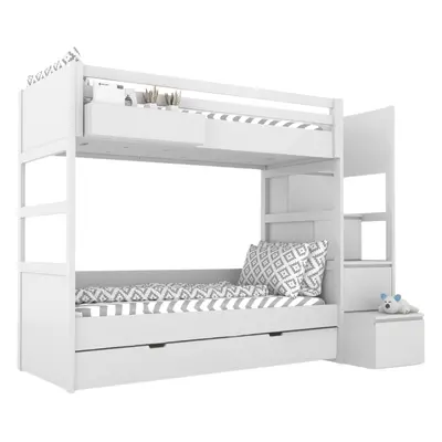 BAMI Biela detská poschodová posteľ SIMONE s úložnými schodmi a policou 90x200 cm Zvoľte šuplík: