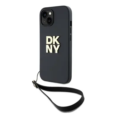 DKNY PU Leather Stack Logo Wrist Strap Zadní Kryt pro iPhone 13 Black