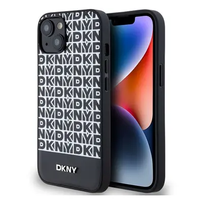 DKNY PU Leather Repeat Pattern Bottom Stripe MagSafe Zadní Kryt pro iPhone 13 Black