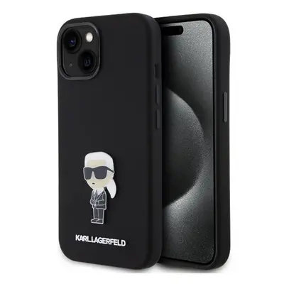 Puzdro Karl Lagerfeld Liquid Silicone Metal Ikonik iPhone 15 - čierne