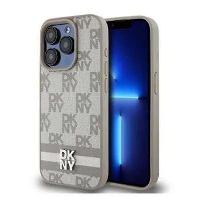 DKNY PU Leather Checkered Pattern and Stripe Zadní Kryt pro iPhone 13 Pro Max Beige