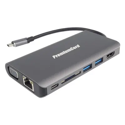 PremiumCord Prevodník USB3.1 typ C na HDMI+VGA+RJ45+2xUSB3.0+SD card +3,5mm+PD nabíjanie šedý