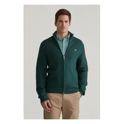 SVETER GANT COTTON TEXTURED ZIP CARDIGAN TARTAN GREEN