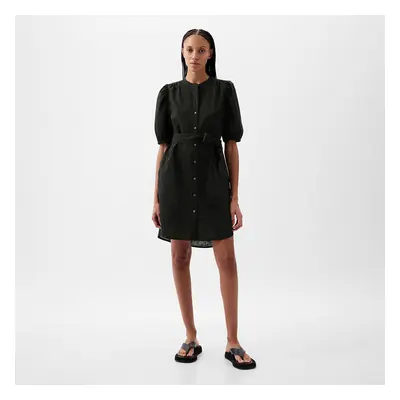 Šaty GAP Shortsleeve Puff Sleeve Linen Shirtdress Black