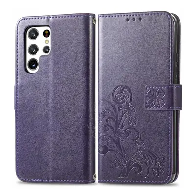 Peňaženkové puzdro Embossing Pattern Štvorlístok fialové – Samsung Galaxy S22 Ultra